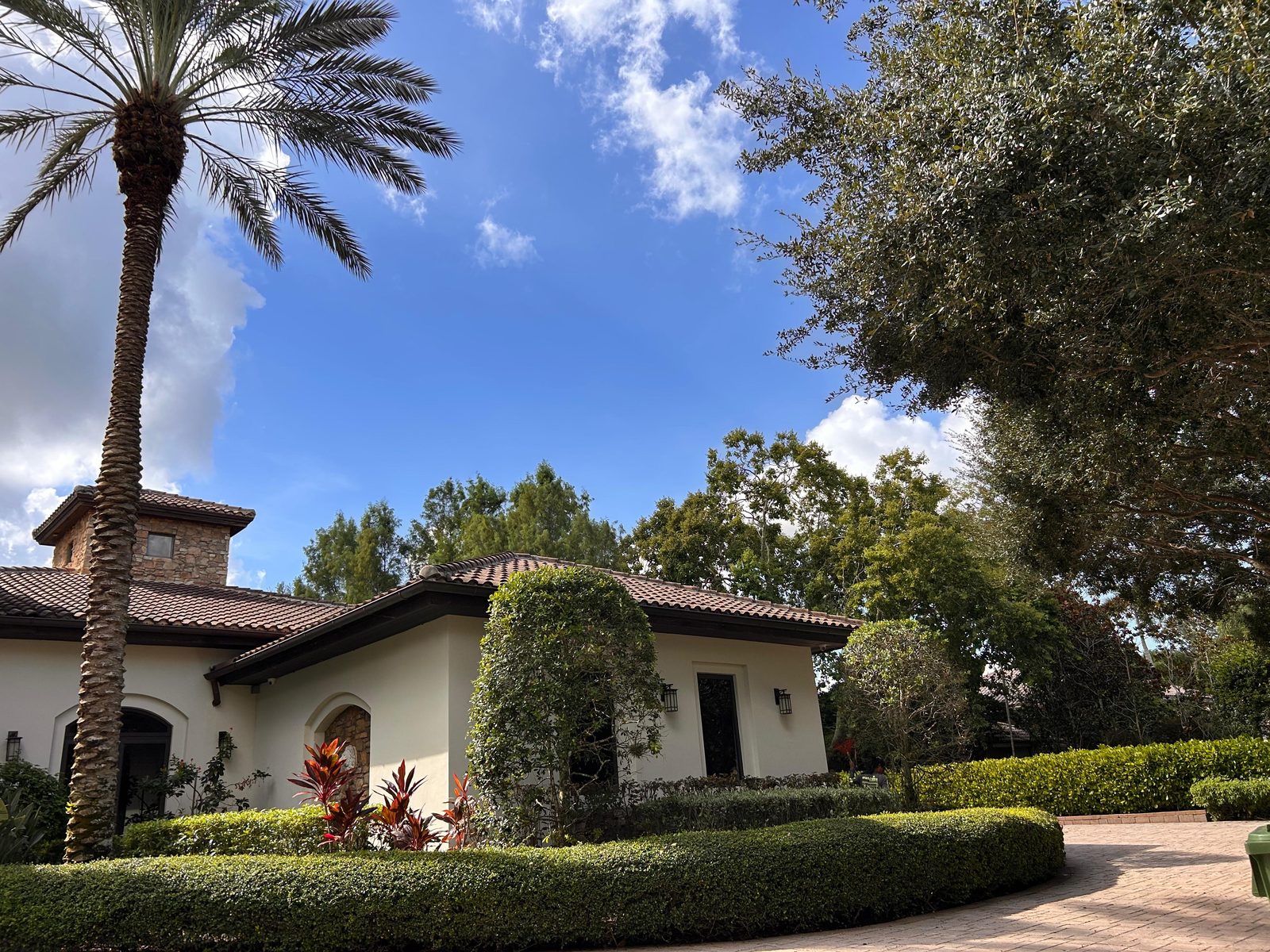 Mediterranean-style estate with date palm and manicured rounded hedges