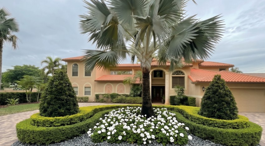 Front entry island with Bismarck palm, scrolled hedges, white flowers and cone topiaries